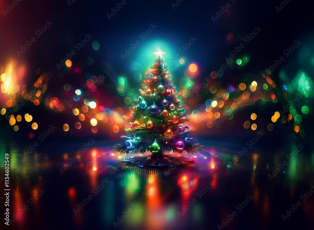 Poster a vibrant christmas tree, adorned with colorful ornaments, glows brightly against a bokeh backdrop o