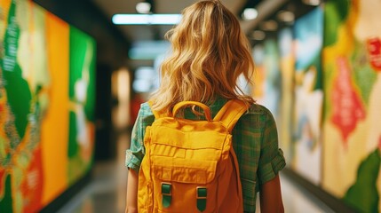 Obraz premium Blonde female student with a yellow backpack walks down a colorful subway corridor.