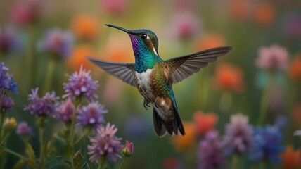 A Vibrant Hummingbird Hovering Mid Air Above A Field Of Colorful Wildflowers Photo Background