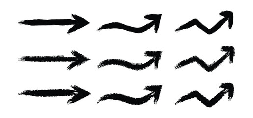 Hand drawn painted arrow, set of arrows. Grunge arrow brush. Black arrows white background.