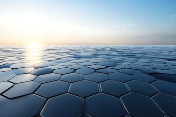 Naklejka premium 3D solar plant with panels on the ground and a blue sky backdrop showcasing a geometric pattern and metal texture
