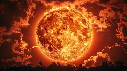 A fiery sun setting behind dark silhouettes of trees, casting an intense glow in the sky.