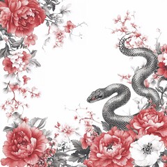 Obraz premium Snake and floral arrangement in red and black illustration