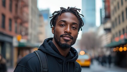 Fototapeta premium A Black man with short dreadlocks wearing an all-black hoodie, posing for the camera in front of buildings in New York City