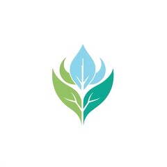 Obraz premium Nature's Embrace: A stylized logo featuring three leaves in shades of green and blue, symbolizing growth, renewal, and harmony. Perfect for eco-friendly brands, wellness businesses.