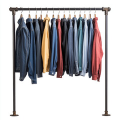 Men's shirts hanging on hangers on a white background
