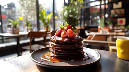 Delicious Chocolate Pancakes Topped With Fresh Strawberries