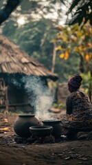 African Woman Cooking Traditional Food Over an Open Fire