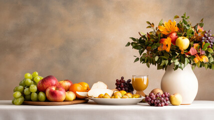 Beautifully arranged autumn-themed still life showcasing a variety of fruits, a vibrant bouquet, and a glass of juice, evoking the spirit of thanksgiving