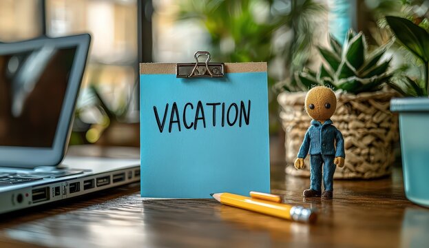 A blue sticky note with the word "VACATION" written on it, sitting next to an open laptop and pencil in focus, blurred office background, close-up shot. 