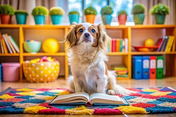 Adorable Dog Engaged in Reading a Book, Embracing the Joy of Learning with a Playful Twist in a Cozy Home Setting