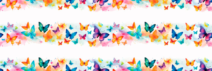 Obraz premium Scribbled rainbows and butterflies, vibrant and joyful, playful and light. Background, seamless pattern. 
