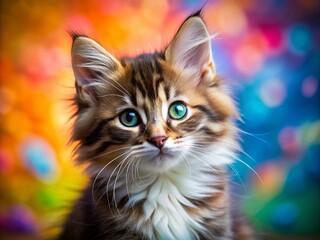 Adorable Fluffy Kitten Close-Up with Vibrant Background for Sale - Perfect Cute Domestic Cat Portraits for Pet Lovers and Cat Enthusiasts