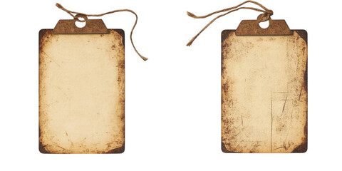 Two Antique Aged Paper Tags With Twine, on transparent background , png
