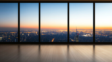 Plakat Luxurious penthouse with stunning city views from expansive windows at sunset, exuding an air of elegance and serenity