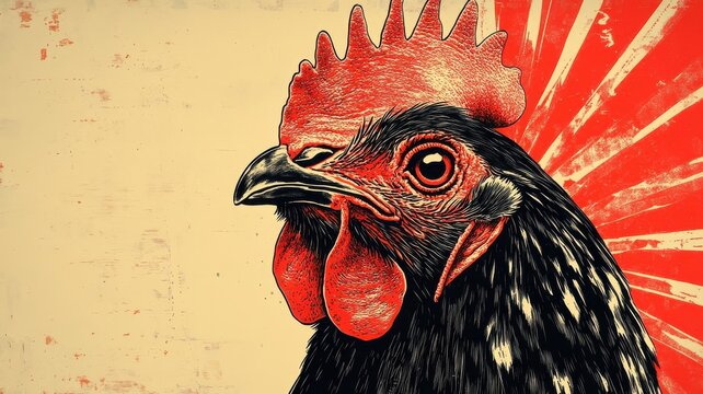 Woodblock print style, a chicken illustrated with bold, graphic lines and traditional textures, providing a classic and artistic representation with detailed patterns.