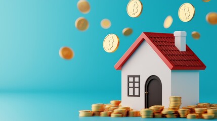 A miniature house surrounded by coins, depicting concepts of wealth, real estate, and financial growth against a bright blue background.