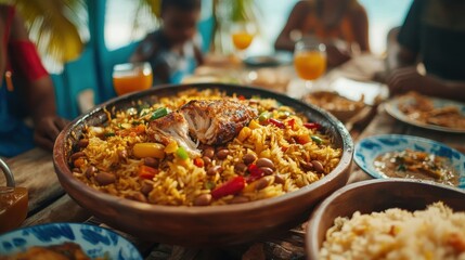 Obraz premium Delicious Rice Dish with Roasted Chicken at a Tropical Beachside Feast
