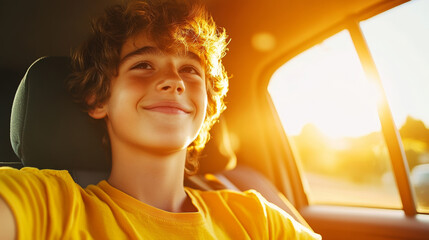 Young boy grinning on a road trip, basking in the warm sunlight pouring in through the car window as he embraces the carefree journey