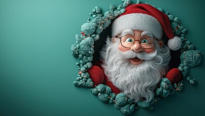 Funny Santa Claus looking out of a hole in a green paper wall