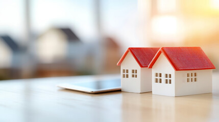 Two miniature houses with red roofs are displayed on a table next to a tablet, symbolizing the real estate market and property investment