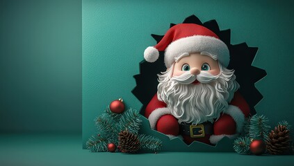 Funny Santa Claus looking out of a hole in a green paper wall