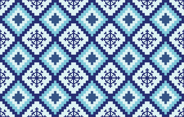 Christmas and New Year pink and white seamless pattern, fairytale pixel pattern in white and green with Nordic snowflakes for winter hats, ugly sweaters, jumpers. wallpaper, paper or other design