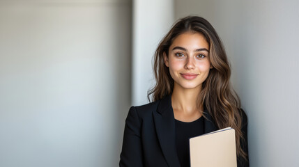 Confident young intern holding a notebook in a corporate setting, showcasing professionalism and career development