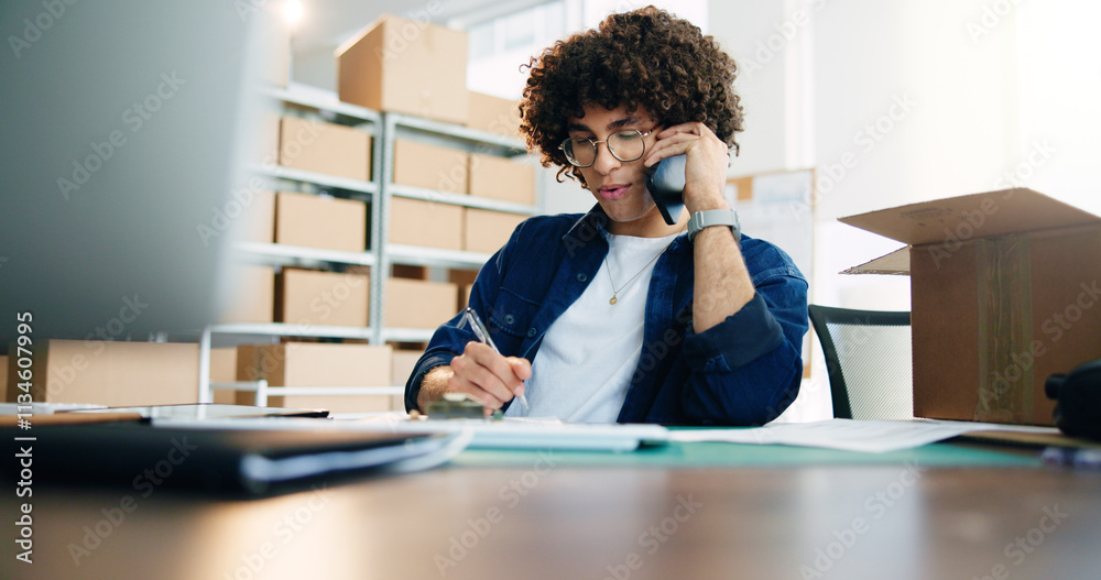 Poster computer, phone call and writing with man in logistics company office for delivery or distribution. 