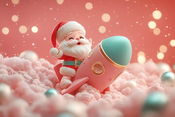 cartoon style, a cute Santa Claus sitting on a rocket, pastel-colored background