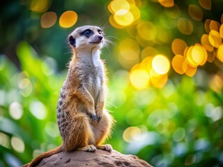 Obraz premium Adorable meerkat standing upright on a rock, curiously surveying its surroundings, with a dreamy bokeh effect enhancing the soft natural light and lush greenery in the background.