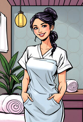 Smiling beauty therapist standing beside massage towel, comic art, with white tones
