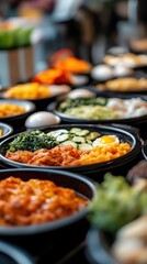 Obraz premium Delicious Korean Bibimbap Bowls in a Buffet Setting