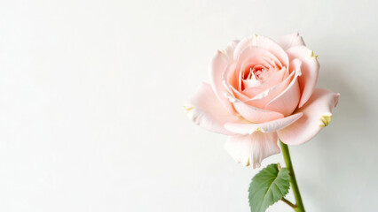 Elegant pale pink rose bloom against soft white background