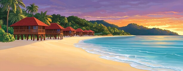 Fototapeta premium Sunset over Idyllic Tropical Beach with Overwater Bungalow Resort