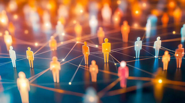 Concept of a professional social network illustrated by interconnected human figures, symbolizing business relationships, collaboration, and networking opportunities