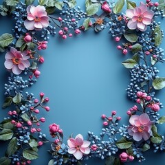 Floral Wreath on Blue Background and Copy Space.