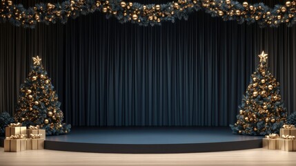 Christmas Stage with Curtains and Decorative Festival Elements.