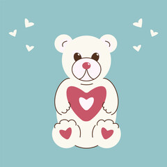 Fototapeta premium A flat illustration of a simple cute teddy bear with hearts. Festive drawing for postcards, stickers, greetings.