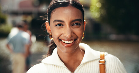 Portrait, campus and education for woman, smile and student with scholarship, college and confident. Outdoor, proud and Indian person with knowledge, university and happy for opportunity in Mumbai