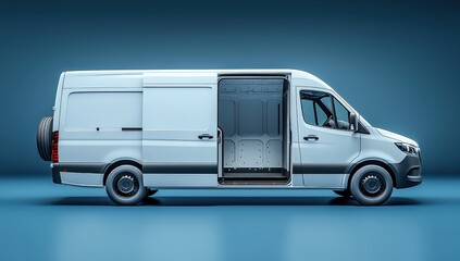 white delivery van with the door open on a blue background. Minimalist style. 