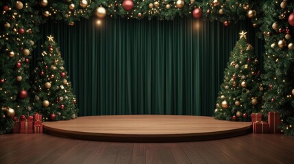 Christmas Stage with Curtains and Decorative Festival Elements.