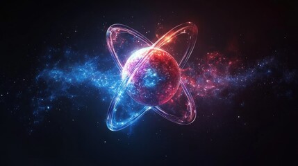 Glowing red and blue atom-like structure in space.