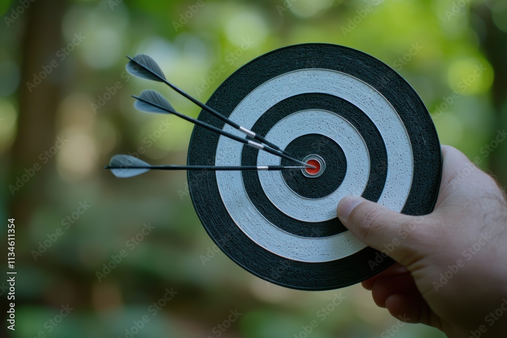 Poster a hand grips a bullseye target with three sharp darts at the center, symbolizing success in personal