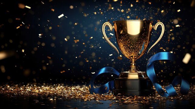 Gold trophy shines with confetti and a blue ribbon, celebrating a major achievement