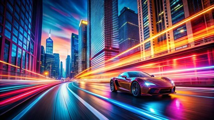 Obraz premium A Dynamic Scene of a Fast Car in Motion Amidst Neon Lights Creating a Vibrant Streak of Brilliance Along an Urban Street at Night