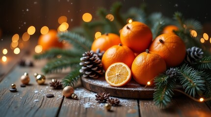 Festive Tangerines with Pine Cones and Fairy Lights