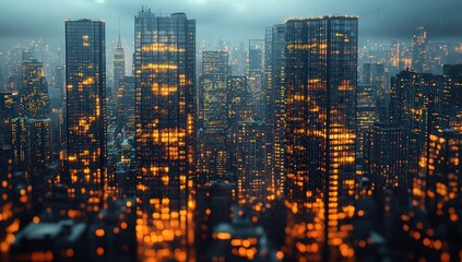 Obraz premium city skyline made up of many buildings with glass facades at dusk. The buildings stand tall