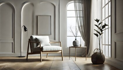 Minimalist Interior: Arched Window, Chair, and Elegant Decor.