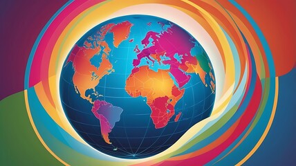Naklejka premium Colorful World Map Globe Surrounded by Vibrant Swirls